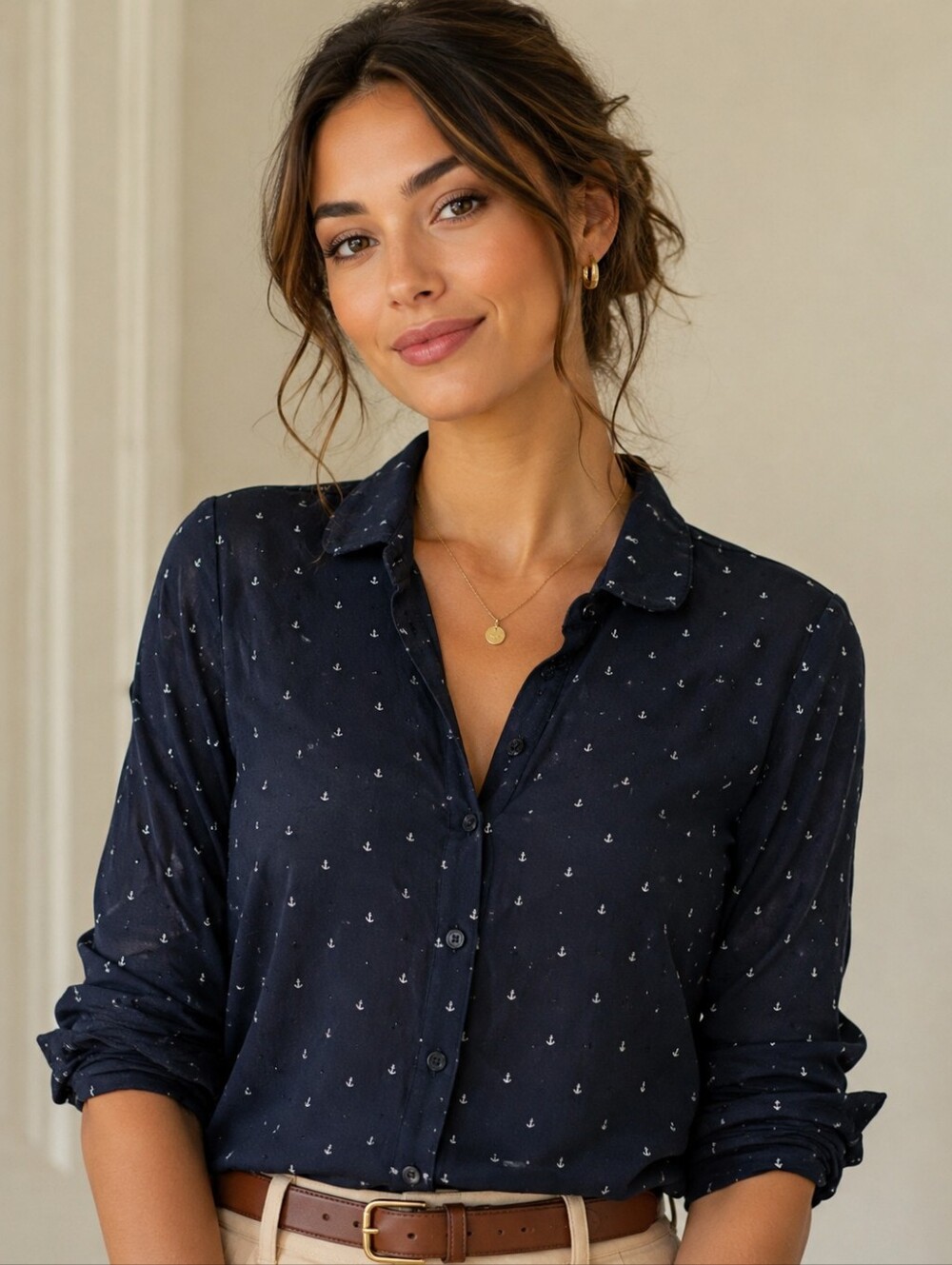Marie Claire Boutiques Navy Anchor Print Button-Up Blouse Size Large